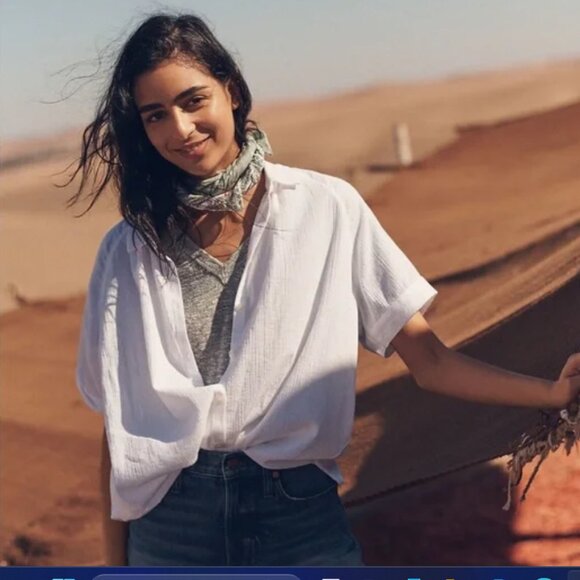 Madewell 100% Cotton Textured Button Up Collared White T-Shirt Blouse Medium - Picture 2 of 12